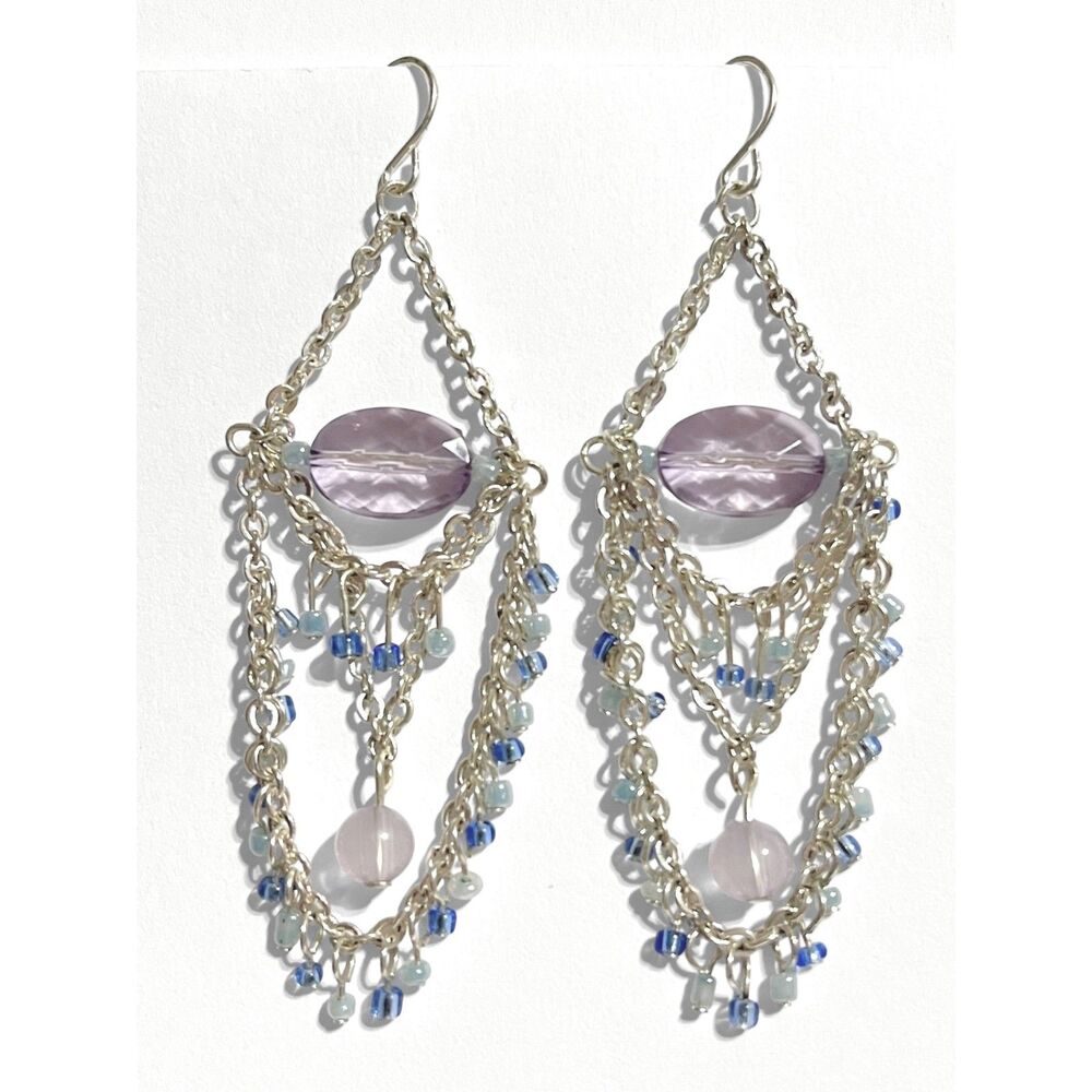Silver Tone Chandelier Earrings Layered Chain Purple Blue Simulated Stone Dangle
